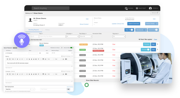 image of the dashboard displaying automated reporting with interfacing, a speech-to-text report entry feature, and a dashboard to enter report values in bulk