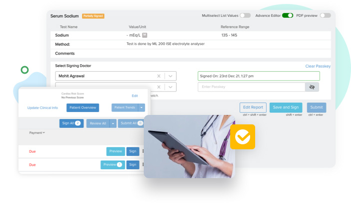 image showcasing the pathology management software dashboard for efficient and automated approval process of lab reports, ensuring accurate and timely delivery of results