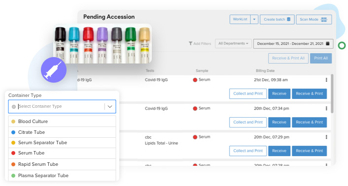 image showcasing a pending accession dashboard, a list of container types, and sample accession and standardization processes in pathology lab software