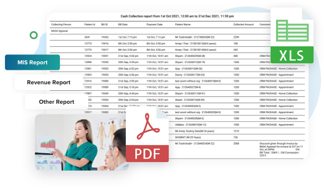 image of a dashboard displaying a lab business summary with mis report, revenue report, and other reports available in various formats such as excel and pdf, providing comprehensive insights and analysis for effective decision-making
