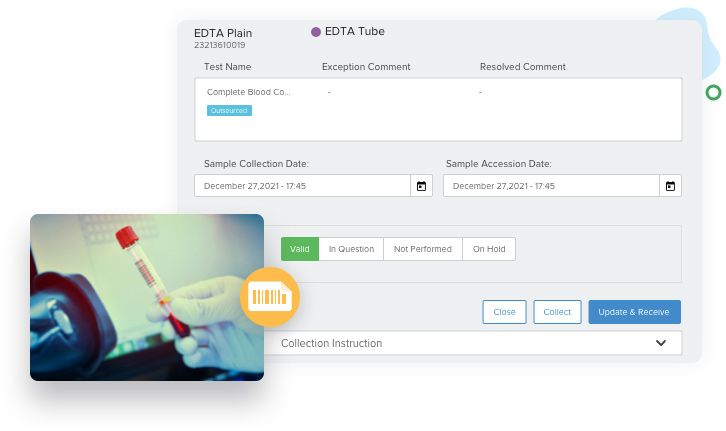 image of the lab automation tool featuring sample barcoding, a test sample accessioning dashboard with real-time status updates, and the utilization of online pathology software