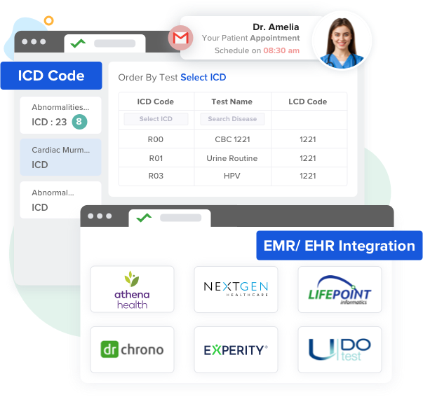 image provider portal software displaying the doctor's name along with patients' appointment details, the image also includes a list of tests with ICD and LCD codes, as well as a list of EHR/EMR systems for integration