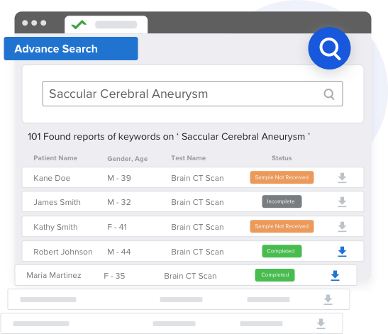 image shows report view of radiology report software with advanced features like boolean search, multi-layer and keyword based search filters, report research & analysis feature.