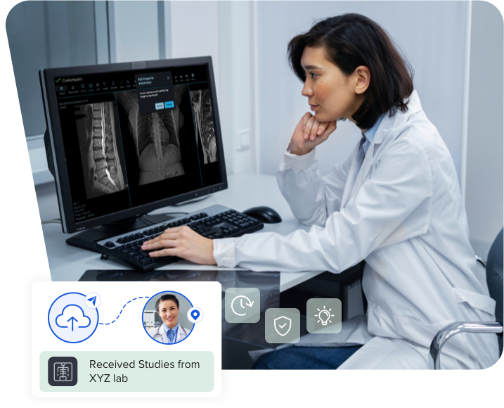 image showcasing radiologist analyzing patient scans and studies received from lab using annotations and descriptions available in crelio ris pacs while reporting