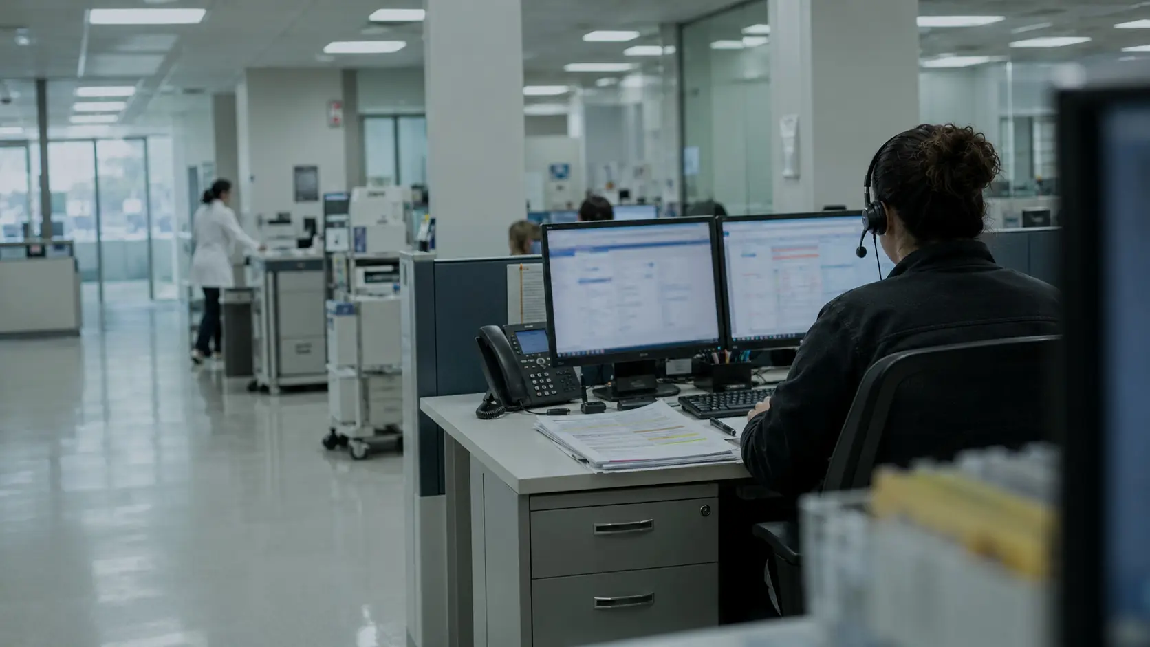 A billing specialist wearing a headset works through order screens on two monitors in an open-plan lab office, while a colleague in a white coat works at the far end of the room