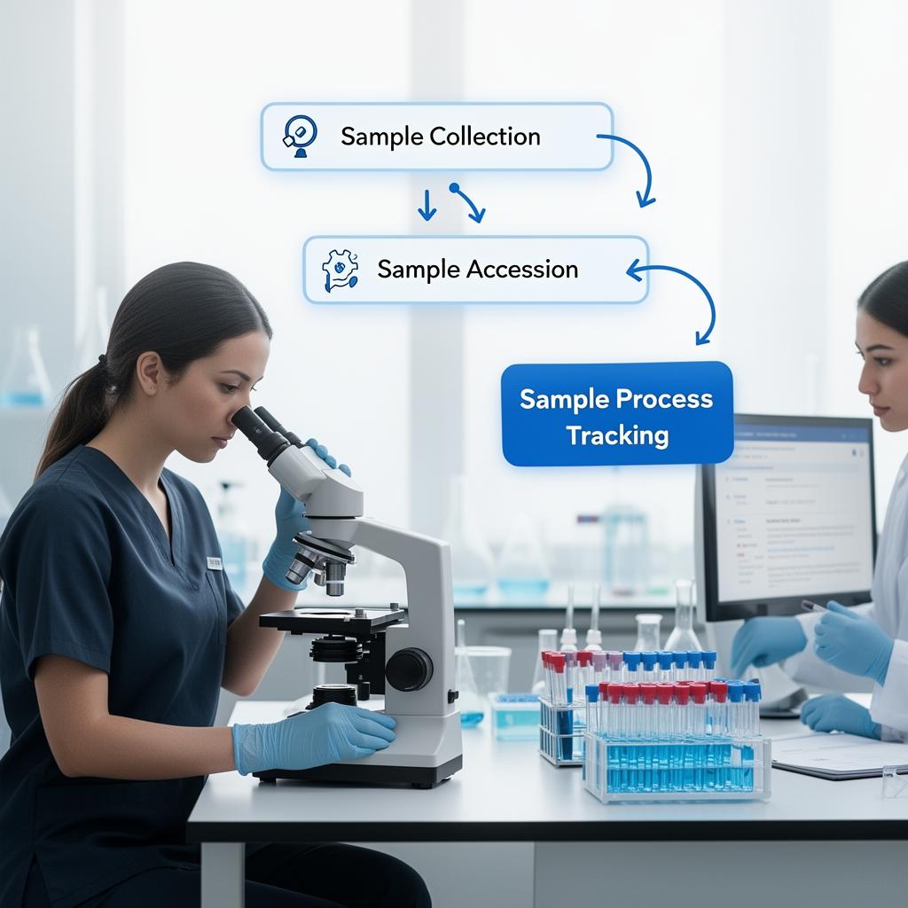 lab technician utilizes a sample management software on the desktop for streamlined sample collection, selection, and accession, with customizable report formats, while staff analyze samples under the microscope