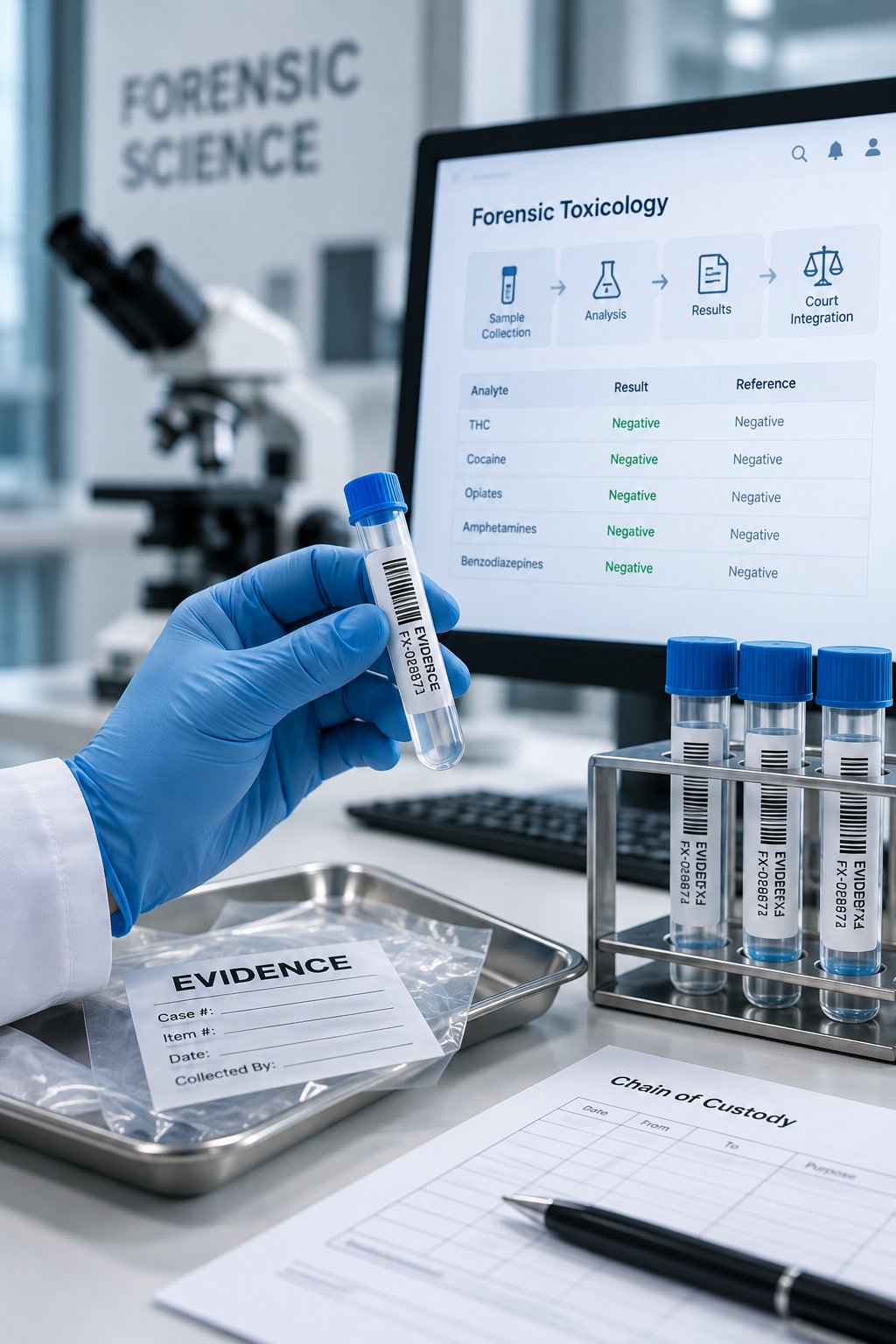 Forensic toxicology evidence vial with chain of custody paperwork