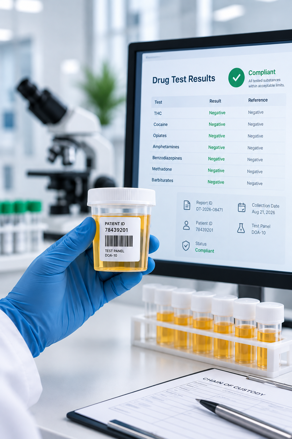 Urine sample beside a drug test results screen