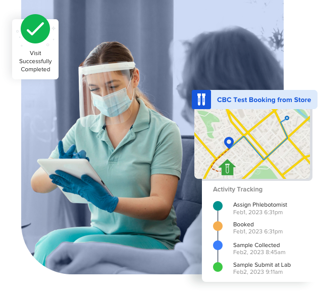 patient and phlebotomist using home collection software for a seamless experience of sample collection at home