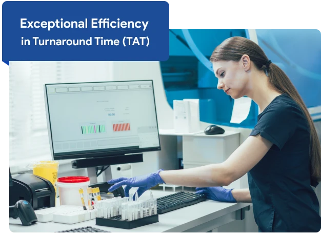 image showing a lab technician in a hospital laboratory utilizing the hospital lims to enhance efficiency and reduce turnaround time (tat), the technician carefully handles each sample and enters data into the dashboard using the hospital lab management system