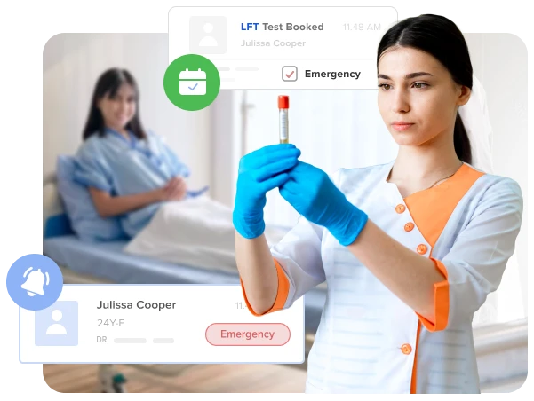 lab professional collecting patient samples following an emergency test booking and inputs patient information into the dashboard using hospital lims system