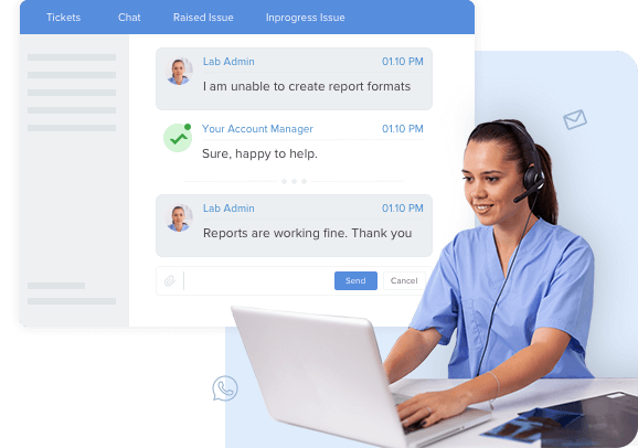 chat dashboard displaying conversations between lab admin and support team of diagnostic lab software provider, including tickets, chat history, raised issues, and ongoing issue resolution
