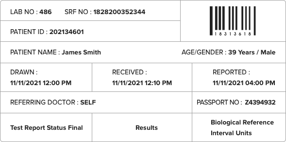 report format of covid 19 displaying patient information, sample information, and physician details
